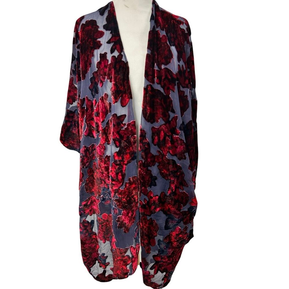 Time and Tru Velvet Burnout Floral Kimono Duster Red Navy Blue L XL Boho